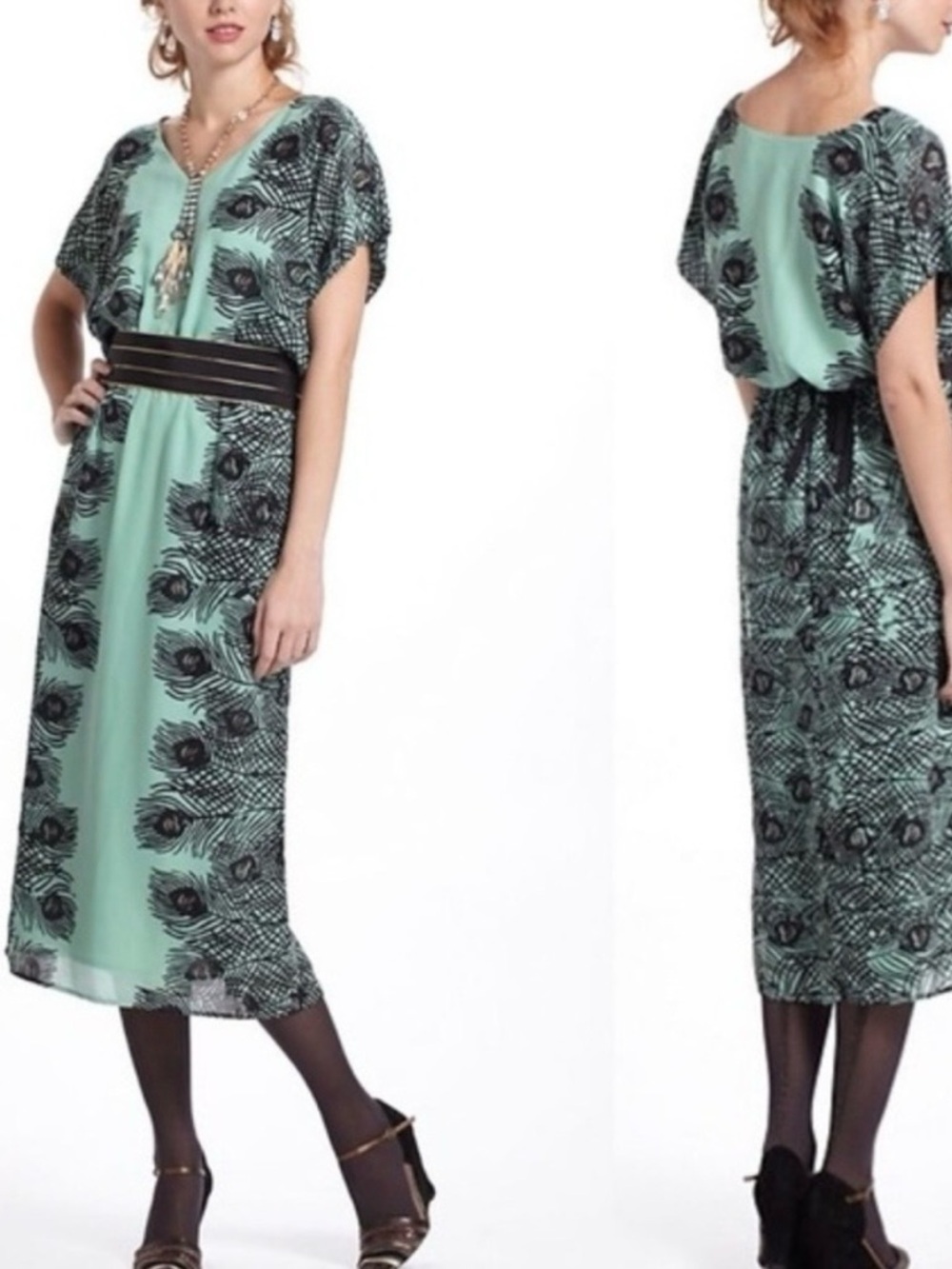 Anthropologie Kimono Style Peacock Midi Print Dress Size XS Corey Lynn Calter